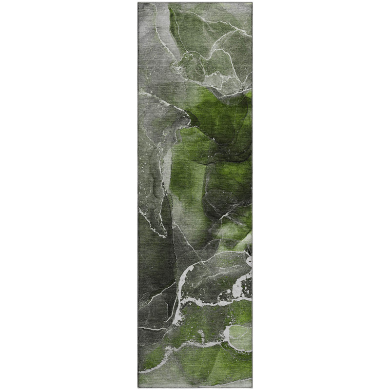 Premium Machine Washable Cerrito AMF503 Green Rug, Runner 2'3" x 7'6"