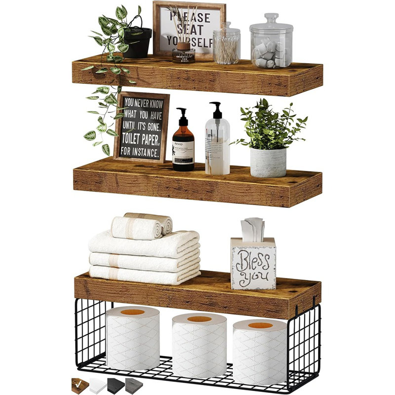 Bathroom Shelves Over Toilet - Wall Mounted Floating Shelves Toilet Paper Storage Small Farmhouse Decor Shelf 16 Inch Set Of 3, Rustic Brown