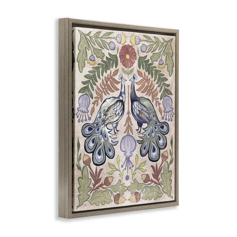 Cadre flottant symétrique à motif de paon et de fleurs, design par Elizabeth Medley, Cadre flottant orme Montalcino
