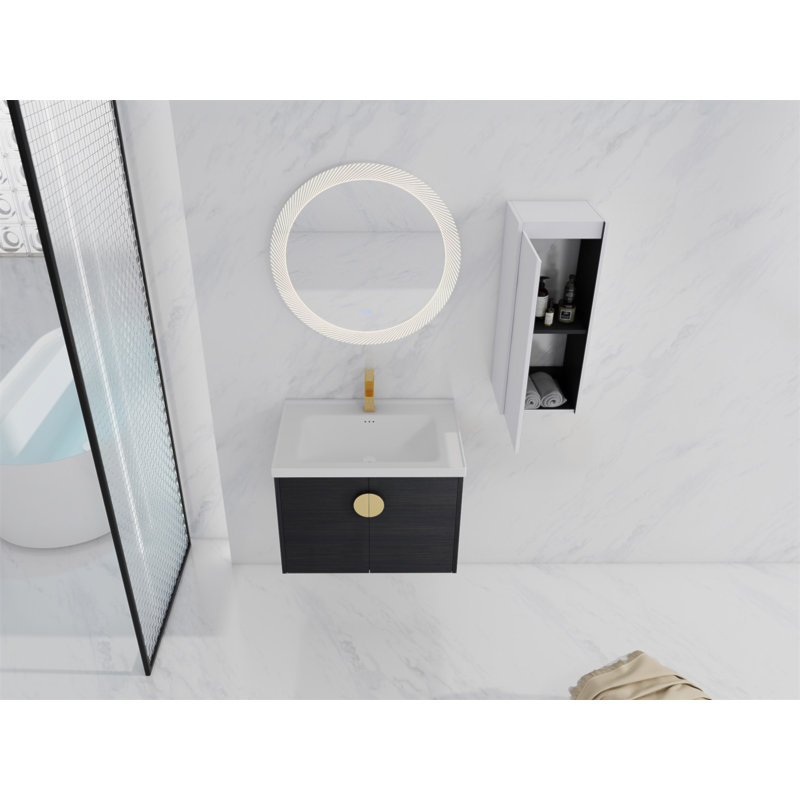 Meuble-lavabo mural de 28 pouces avec lavabo en céramique et armoire latérale, portes à fermeture en douceur pour un rangement silencieux et bien rangé