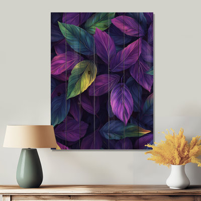 «Vibrant Leaf Explosion Of Mauve I» - Art mural en bois de feuilles - sur bois de pin naturel