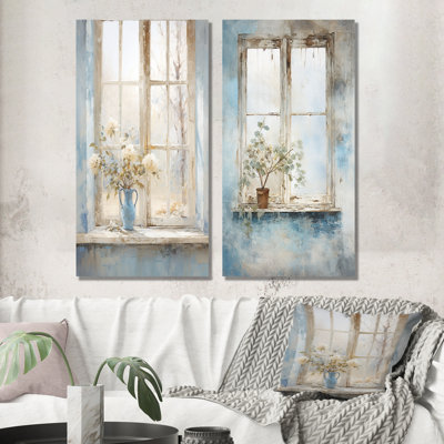 White And Blue Minimalism Floral Windows Charm II - Farm Windows Wall Decor Set Of 2