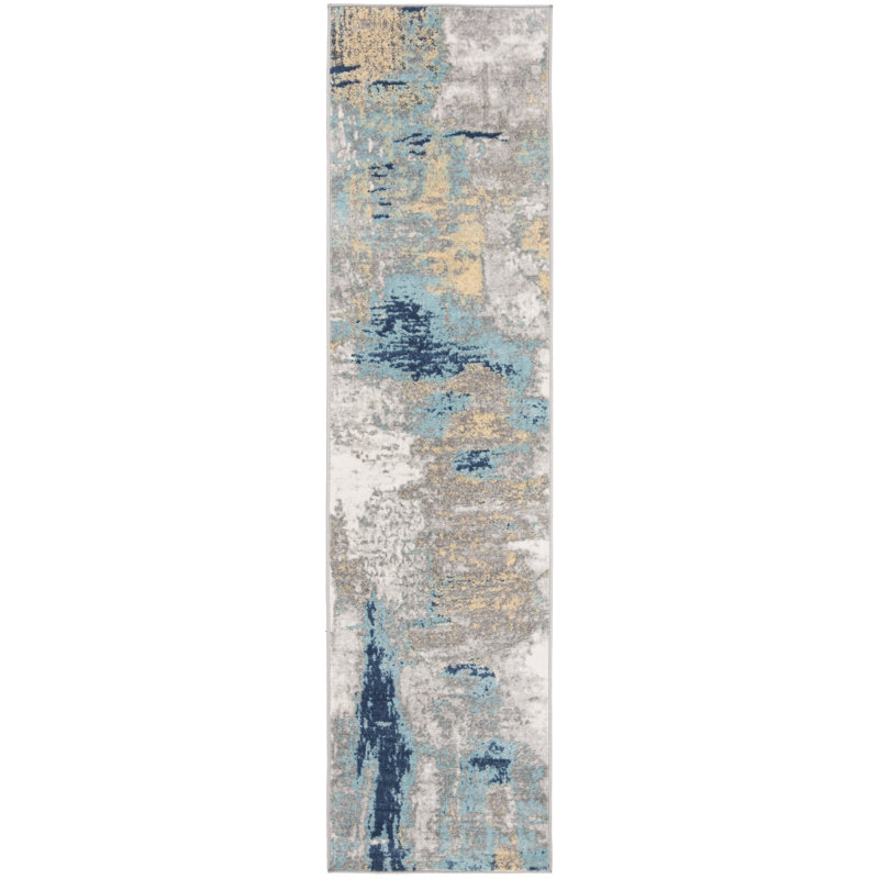 Zeke Abstract Grey/Blue Area Rug, Runner 61 x 244 cm
