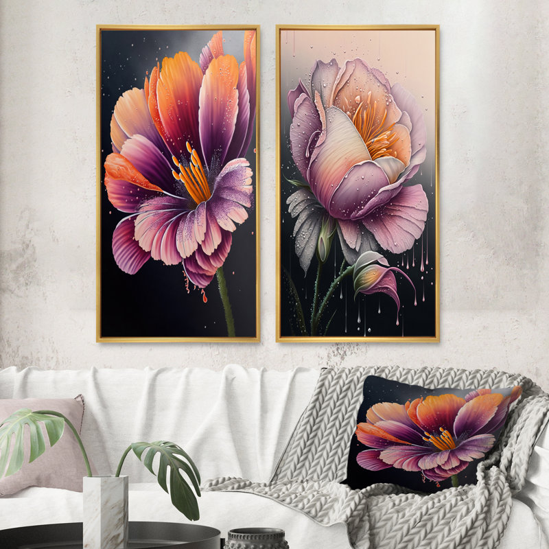 «Blooming Gerbera Daisy Flowers», 2 pièces sur toile, Encadrement doré, H 32 po x l 32 po