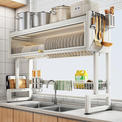 Over the Sink Dish Drainer Drying Rack 3 Tier with Cover, Rust Resistant Built To Last Easy Install Simple Tools Holds All Dishes Glasses Bowls Space Saving Over Sink Tidy Kitchen, (Milkshake White)
