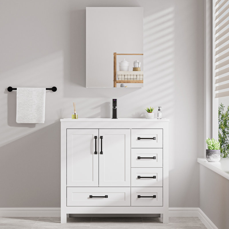 Meuble-lavabo de 36 po avec comptoir d'évier, miroir de rangement mural avec armoire à pharmacie de 20 po, robinet et drain
