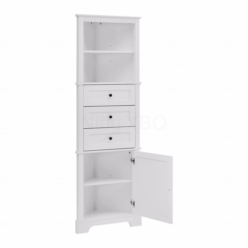 Triangle Tall Cabinet With 3-Drawers And Adjustable Shelves For Bathroom, Kitchen Or Living Room, MDF Board With Painted Finish