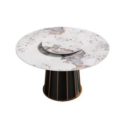 53.36" Round Dining Table In Sintered Stone - White, Metal Iron Base, For 6 With Turntable White Table, Diameter 23.62" Turntable, 6 Capacity, Base