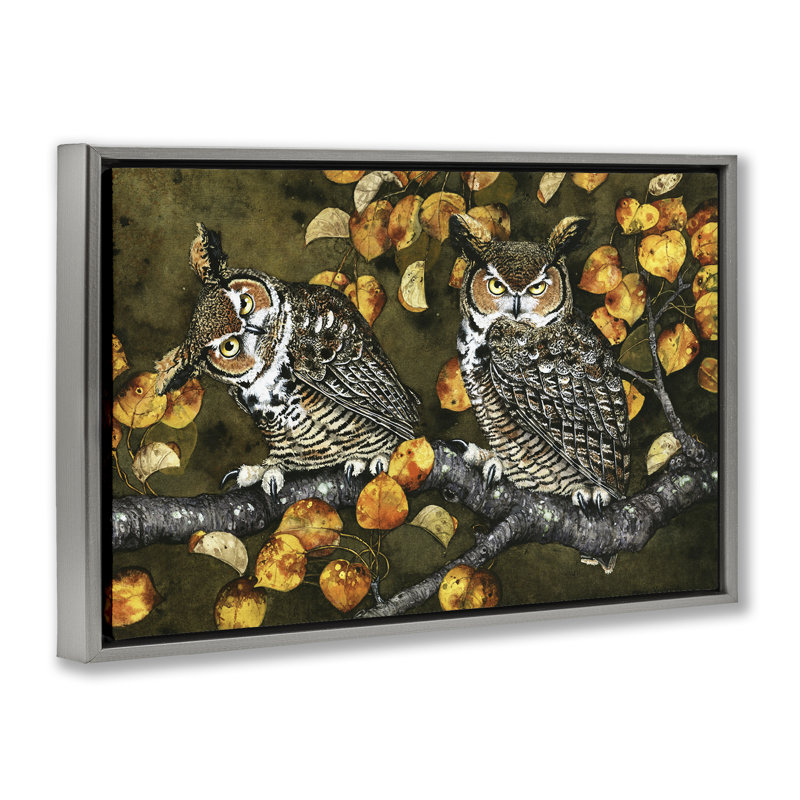 Toile flottante «Inquisiter Owls Autumn Branch» par Maggie Vandewalle, Cadre flottant gris lustré, H 21 po x l 31 po