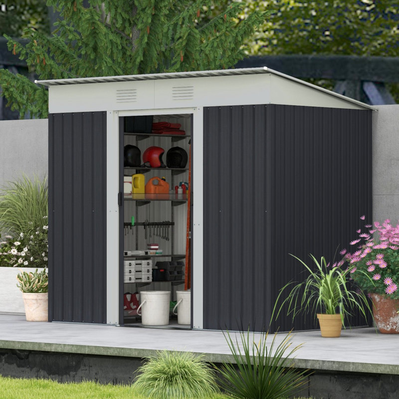 Metal Lean To Garden Shed, Outdoor Storage Shed, Garden Tool House With Double Sliding Doors, Black