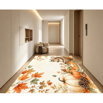 Tapis d'intérieur à motif citrouille et écureuil, motif crème et blanc, surface en velours, antidérapant, idéal pour le salon, la chambre, l'entrée, la cuisine, le balcon ou un appartement.