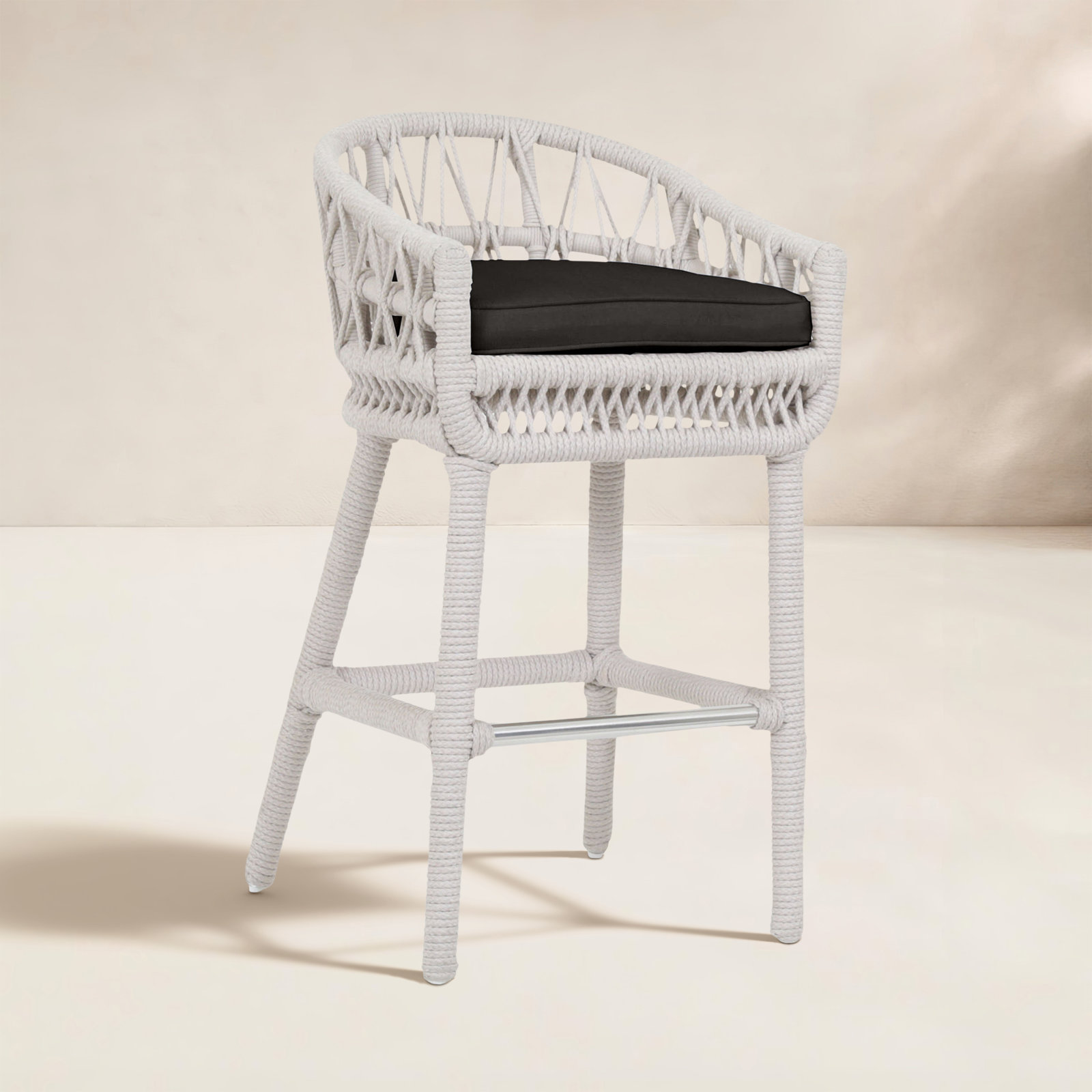Lucan 39.5'' Olefin Rope Outdoor Bar Stool with Cushion, Spectrum Carbon Sunbrella® Plainweave