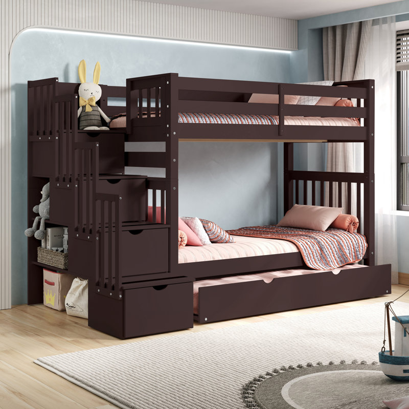 Tena Tall Solid Wood Standard Stairway Bunk Beds Twin over Twin, 4 Drawers in the Steps, Twin Trundle, Dark Cherry
