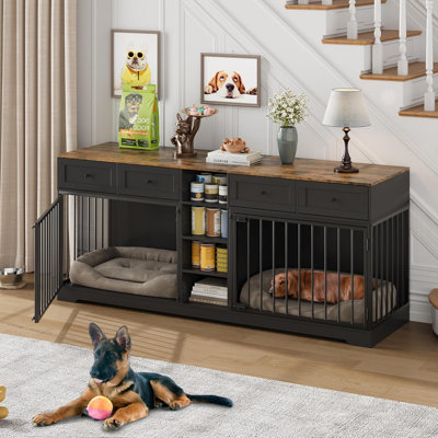 82" Double Dog Crate Furniture w/ 4 Drawers - TV Stand & Kennel for Medium/Large Dogs - Rustic Wood Design