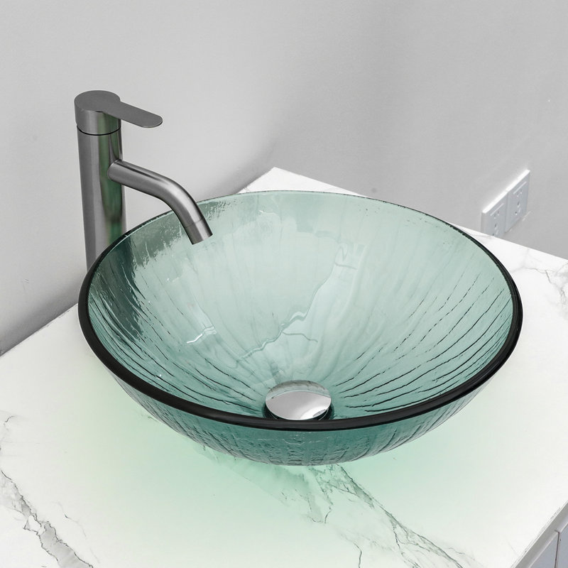 Lavabo de salle de bain vasque circulaire en verre 16,5 "avec bonde escamotable, Cyan