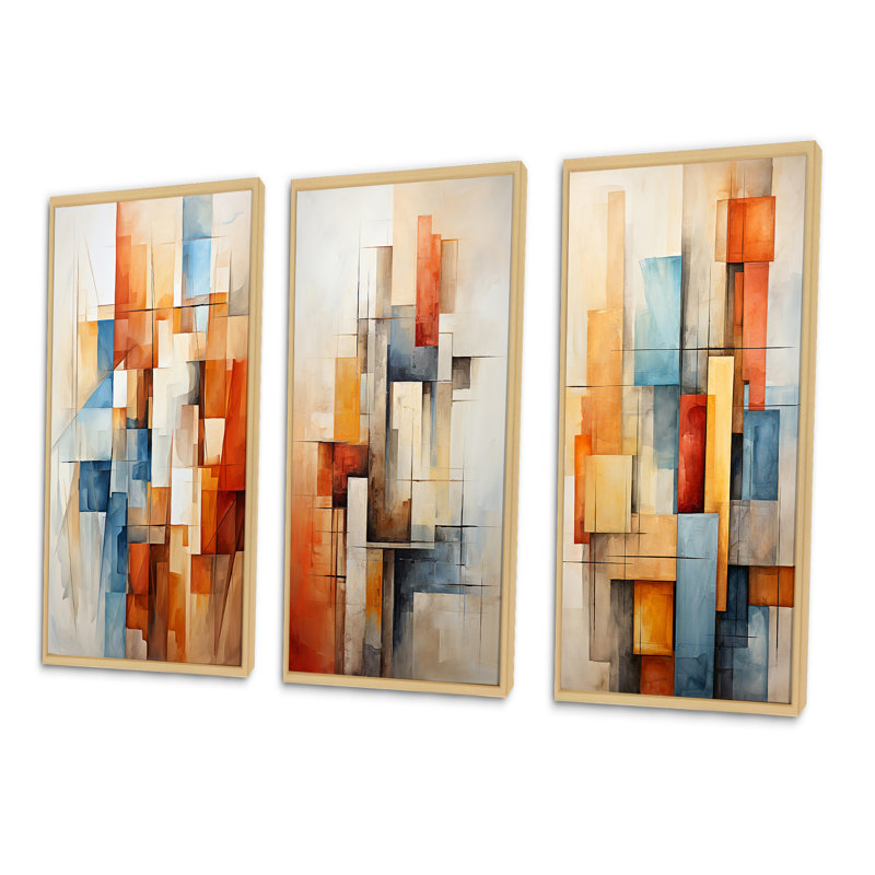 «Cubism Fragmented Perspectives», 3 pièces sur toile, Encadré naturel, H 32 po x l 48 po