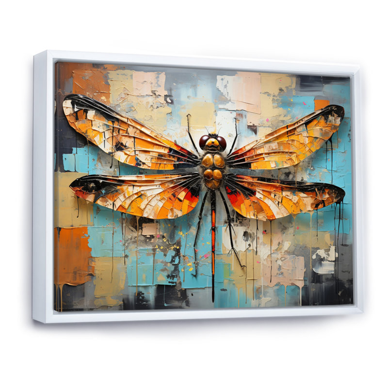 «Orange Dragonfly Insectes Flight Collage I», reproduction sur toile, Cadre flottant blanc, H 34 po x l 44 po x P 1,5 po