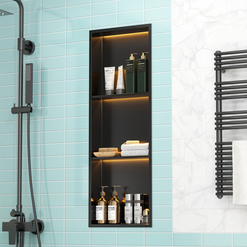 Niche de douche DEL sans carrelage - 30,5 cm (L) x 91,5 cm (H) x 10 cm (P) - 3 sections - Acier inoxydable 304 étanche - Installation verticale/horizontale