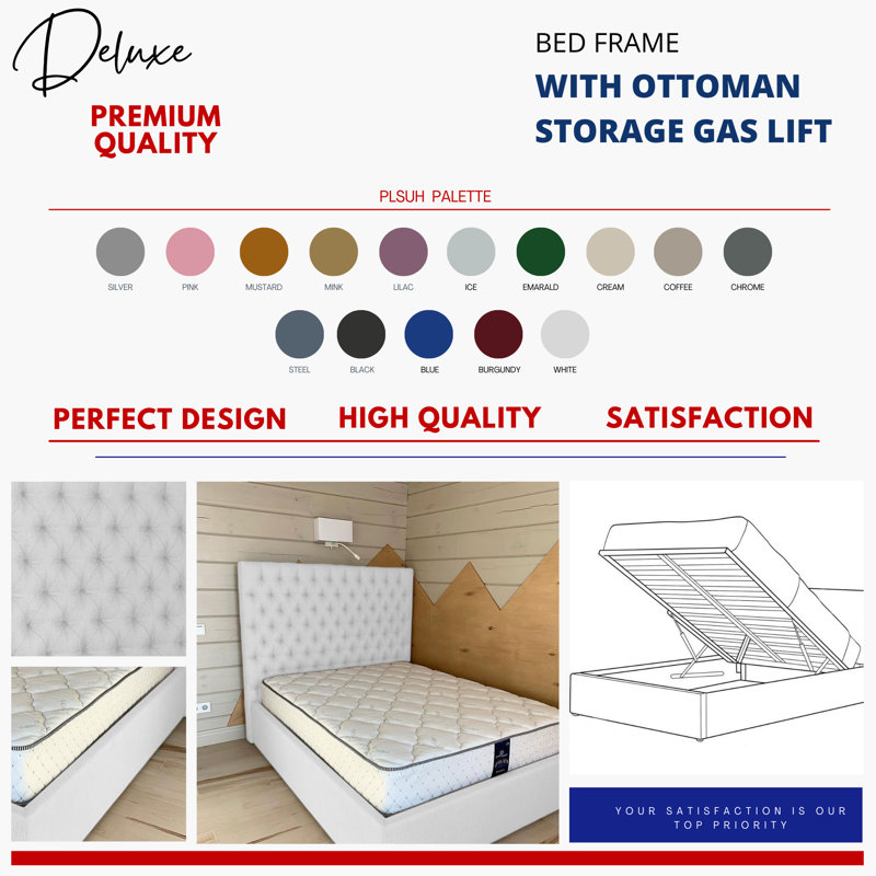 Upholstered Ottoman Storage Bed, White, Kingsize (5')