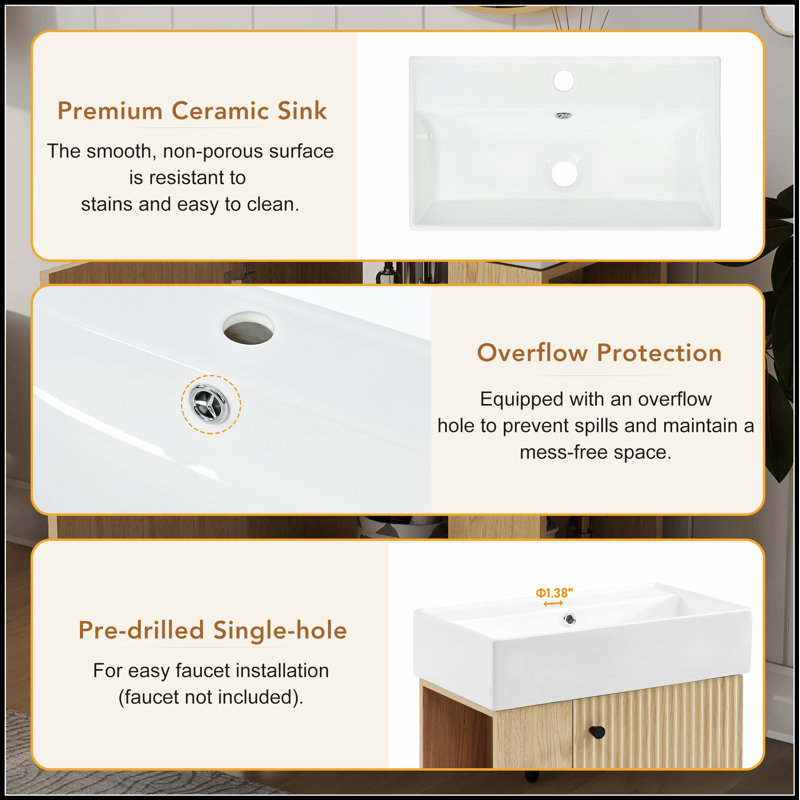 Meuble-lavabo flottant moderne de 21,6 po avec lavabo en céramique et rangement à droite, conception peu encombrante pour les petites salles de bain