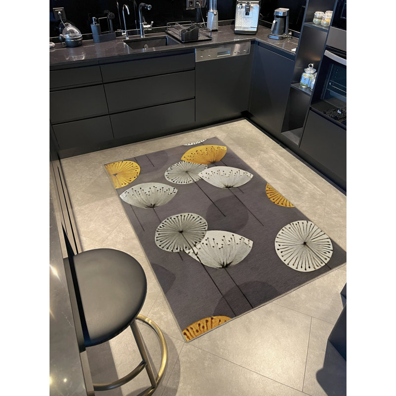 Tapis décoratif moderne gris et jaune sur le thème des fleurs de pissenlit, Rectangle 3 pi 9 po x 4 pi 11 po