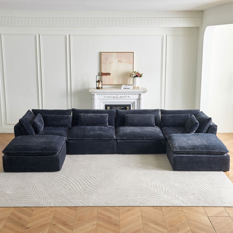 151.7'' W U Shaped 6-Piece Modular Cloud Sectional Sofa With Two Ottoman, 31.5" H x 151.7" W x 78.7" D, Dark Gray Fabric