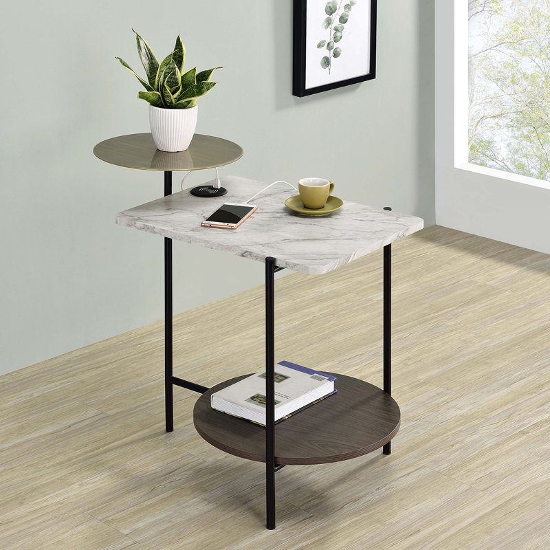 Table de bout à 3 niveaux avec chargeur sans fil en blanc et noir