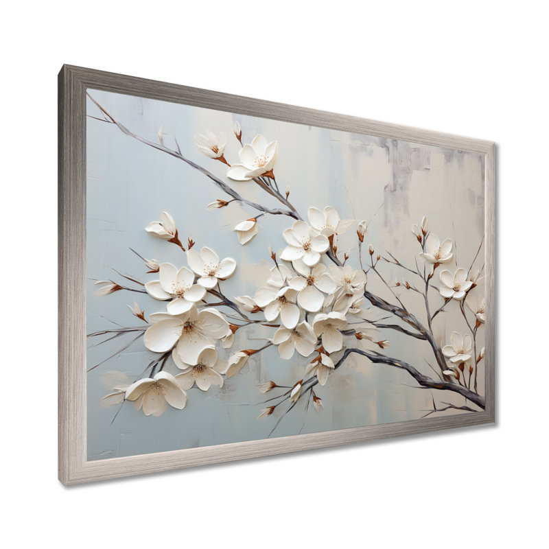 «White Dogwood Blossom Scenery III» - art mural cornouiller, H 24 po x l 32 po x P 1 po, Cadre de coin argenté fermé