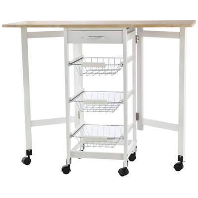 Drop-Leaf Kitchen Cart Trolley w/ 3 Baskets Drawer Surface Top 6 Universal Wheels Rolling Storage Unit 97.2*37*77.5 cm Manufactured Wood 1 Piece Kitchen Island Multicolor Space-Saving Drop-Leaf