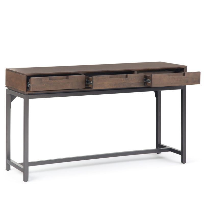 Table de canapé Mid-Century moderne en bois massif de 54 po avec 3 tiroirs et base en métal Banting