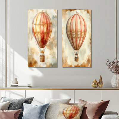 Balloon Above the Morning Clouds I - Hot Air Balloon Canvas Print Wall Art Set of 2