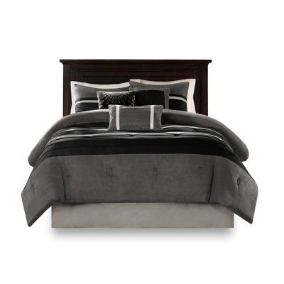 Grand lit noir, édredon en simili suède lavable à la machine 7 pièces noir, coussins décoratifs inclus