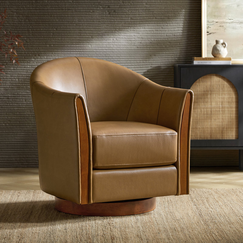 Pocono 29"W Transitional Genuine Leather Swivel Barrel Chair With Solid Wood Base, Camel