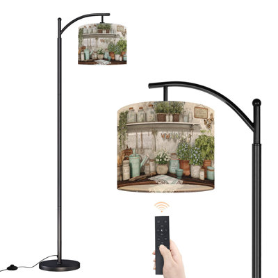 Arc Floor Lamp with Adjustable Lampshade Rustic Kitchen Vintage Farmhouse Flower Butterfly Inspirational Wooden Standing Lamp 3 Color Temperatures Dimmable Tall Pole Lamp with Foot Switch for Bedroom