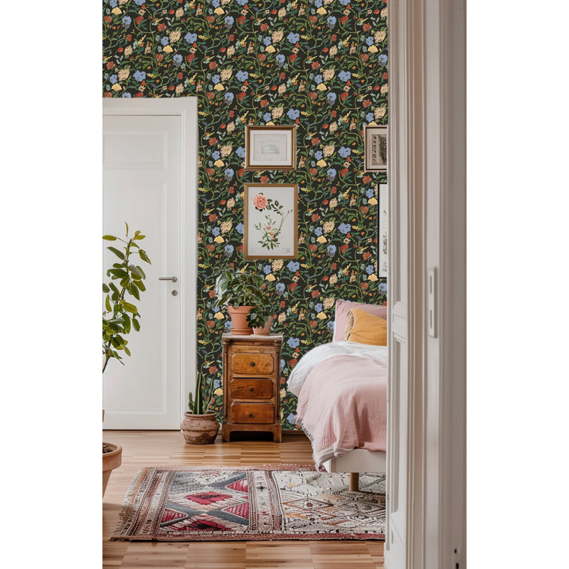 Painted Flower Patch - Morning Bloom Botanical Wallpaper, Midnight Bloom, Paper, Non-Pasted