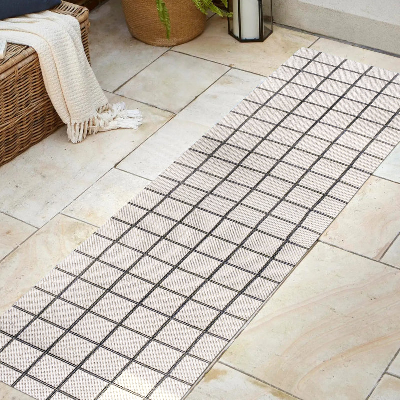 Tapis intérieur / extérieur crème / noir Garnon Grid, Tapis de couloir 2 pi x 8 pi