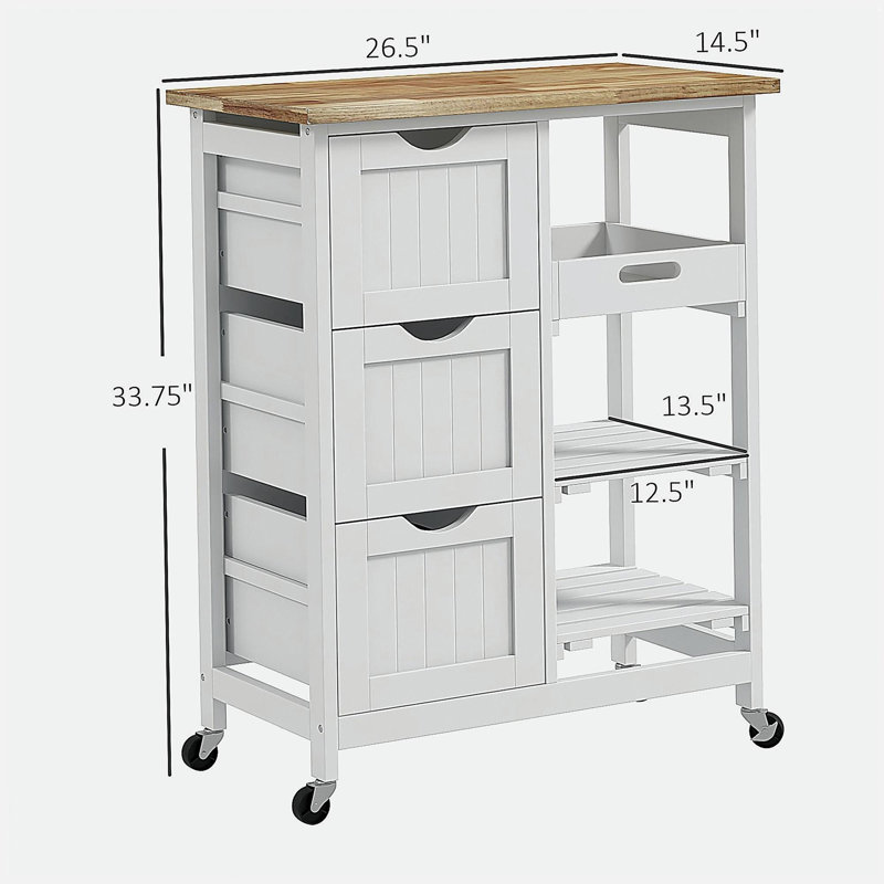 HOMCOM Rolling Kitchen Island Cart, Bar Serving Cart with Drawers, White, White