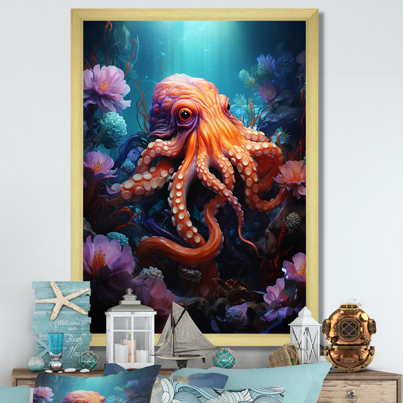 Popup Octupus Impression I, Cadre doré simple, H 20 po x l 12 po x P 1 po