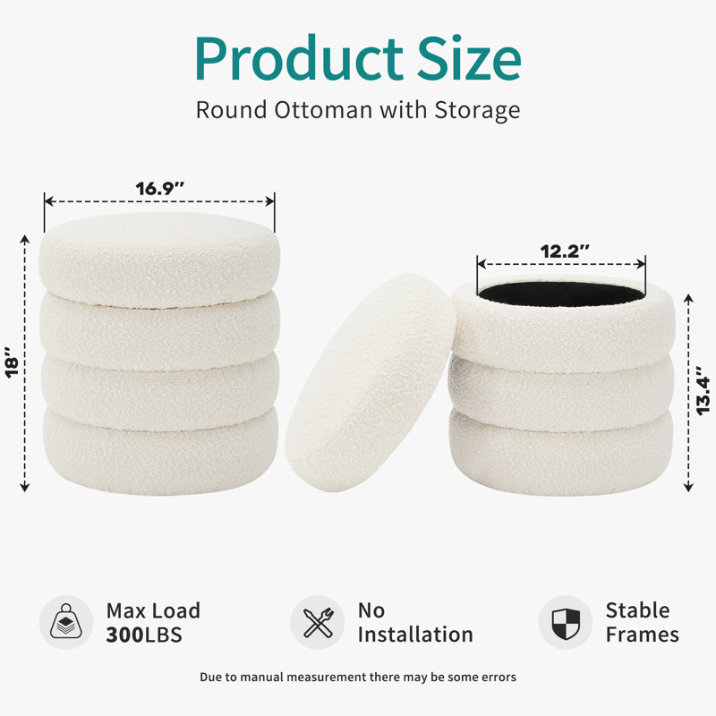 17'' Wide Boulce Round Storage Ottoman, White