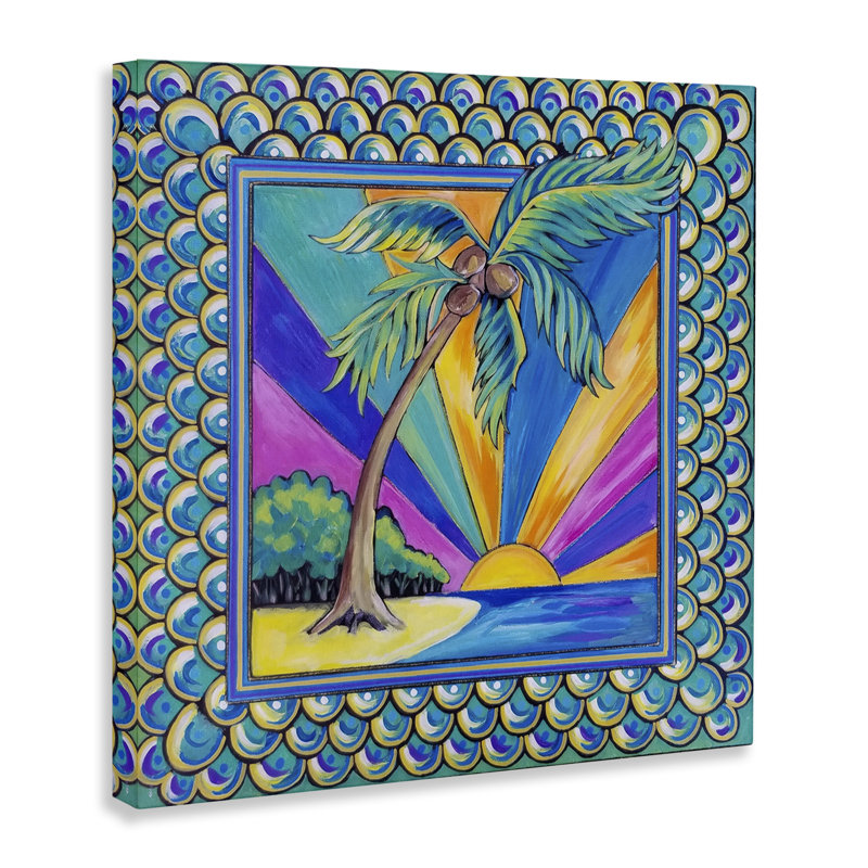 Art mural sur toile Sun Rays & Palm Tree with Border, design par Nettie Price, H 30 po x l 30 po