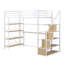 Lit mezzanine simple en métal avec escalier, bureau intégré et tablettes de rangement, blanc compact