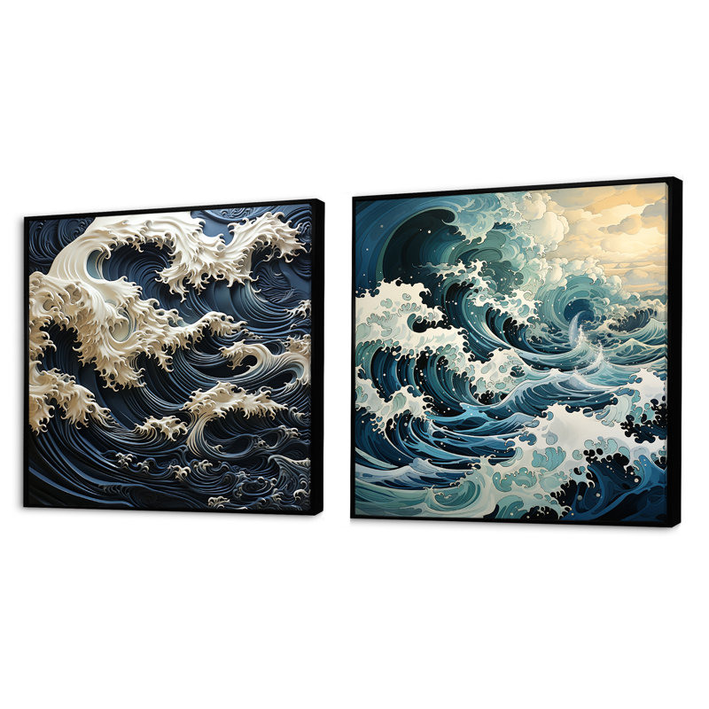 Abstrait bleu et blanc, tempête océanique - ensemble de 2 collages carrés côtiers, H 16 po x l 33 po, Cadre flottant noir