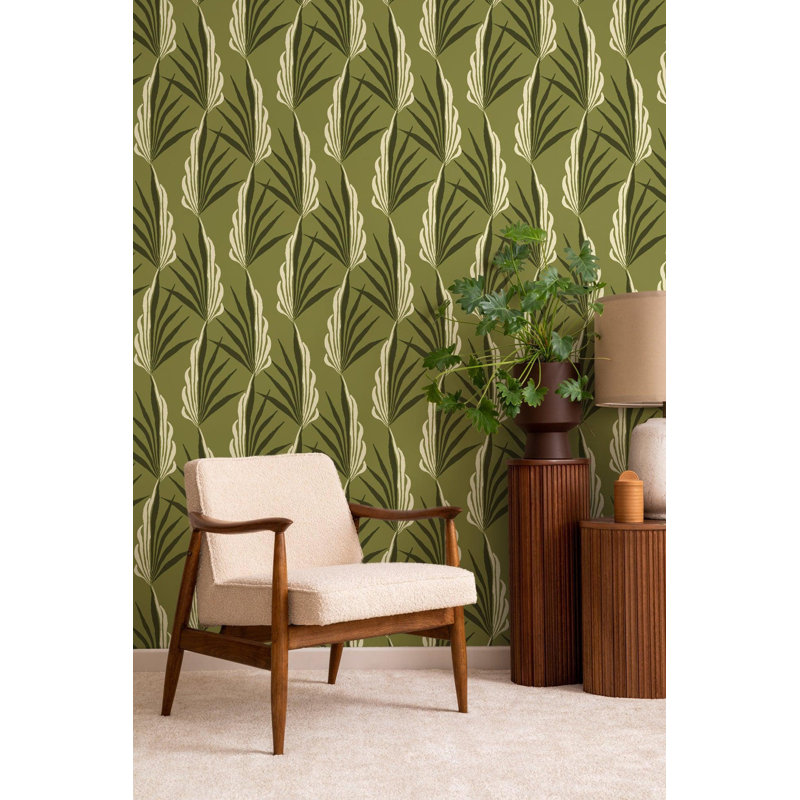 Areca Palm - Wallpaper, Olive, Faux Grasscloth