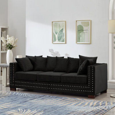 Noir moderne, velours 3 places, accoudoirs carrés, ornements clous argentés, coussins en mousse à ressorts, housses de coussins lavables, siège de compartiment de rangement noir avec motif, clous pour accoudoirs, confortable