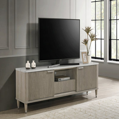 1pc Modern Luxury And Sleek White Faux Marble Top Sliding Doors Open Shelving Tapered Legs TV Stand Media Console Drift Wood Finish