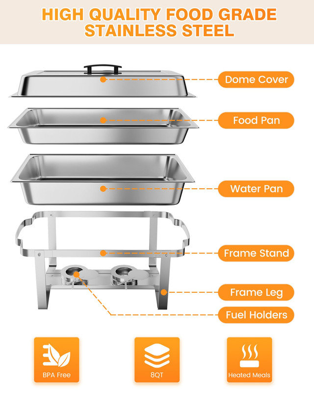 Ensemble de 6 réchauds à vaisselle rectangulaires 8 pte - Buffet en acier inoxydable avec réservoir d'eau et support à carburant pour les fêtes, les mariages et la restauration