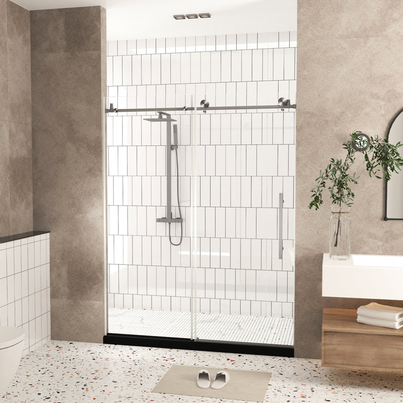 56 - 60" W X 76" H Shower Door 1/4" (6 Mm) Clear Tempered Glass With Proof Film Stainless Steel Handle In Brushed Nickel For Bathroom Large Wheels And Round Tracks Smooth Quiet Movement Water