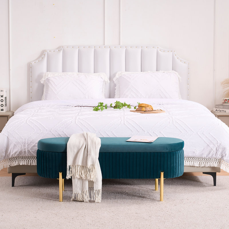 Banc de rangement en velours de 46 po de largeur pour le lit de la chambre à coucher dans le salon de la fenêtre du lit