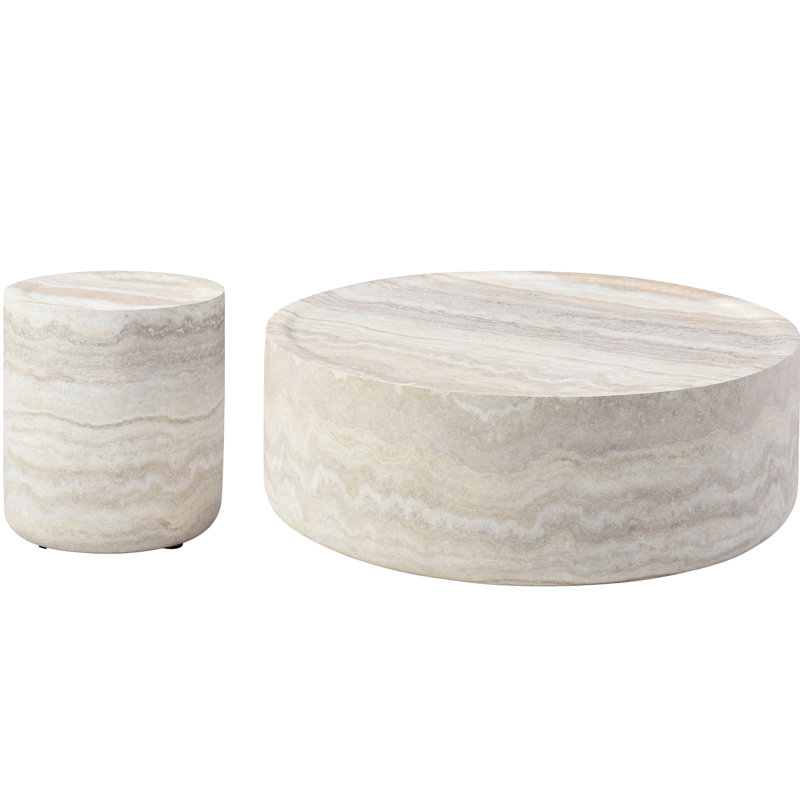 De 2 tables basses et tables d'appoint modernes en fausse texture, formes rondes en fibre de verre, sans assemblage, 2 grandes tables de rangement, pour la maison, ajout élégant