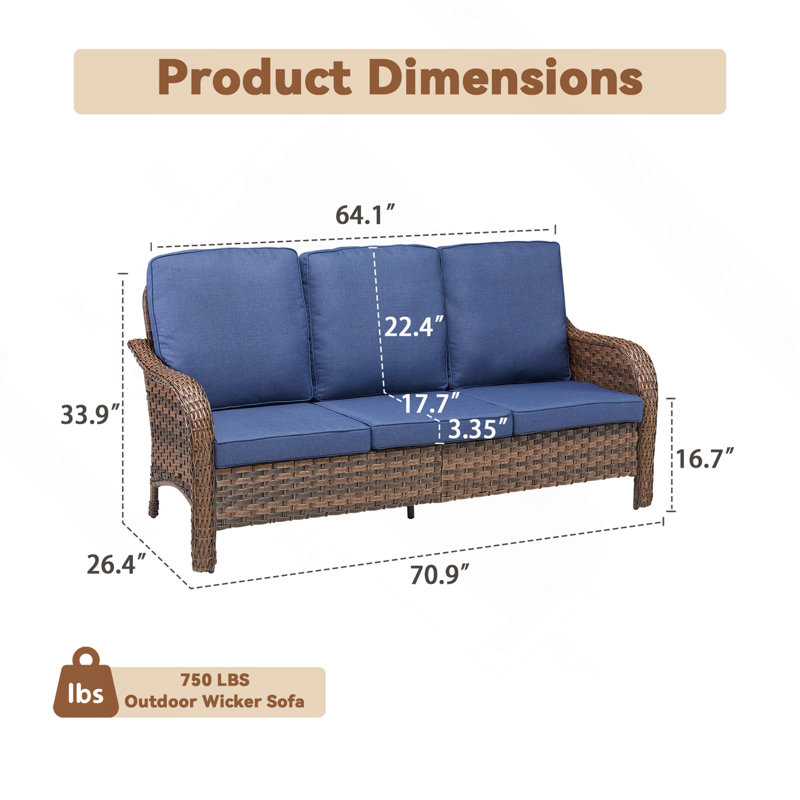 70.9" PE Wicker Rattan Outdoor Furniture Set, 3 Seat Sofa With Blue Deep Seat Cushions, Blue